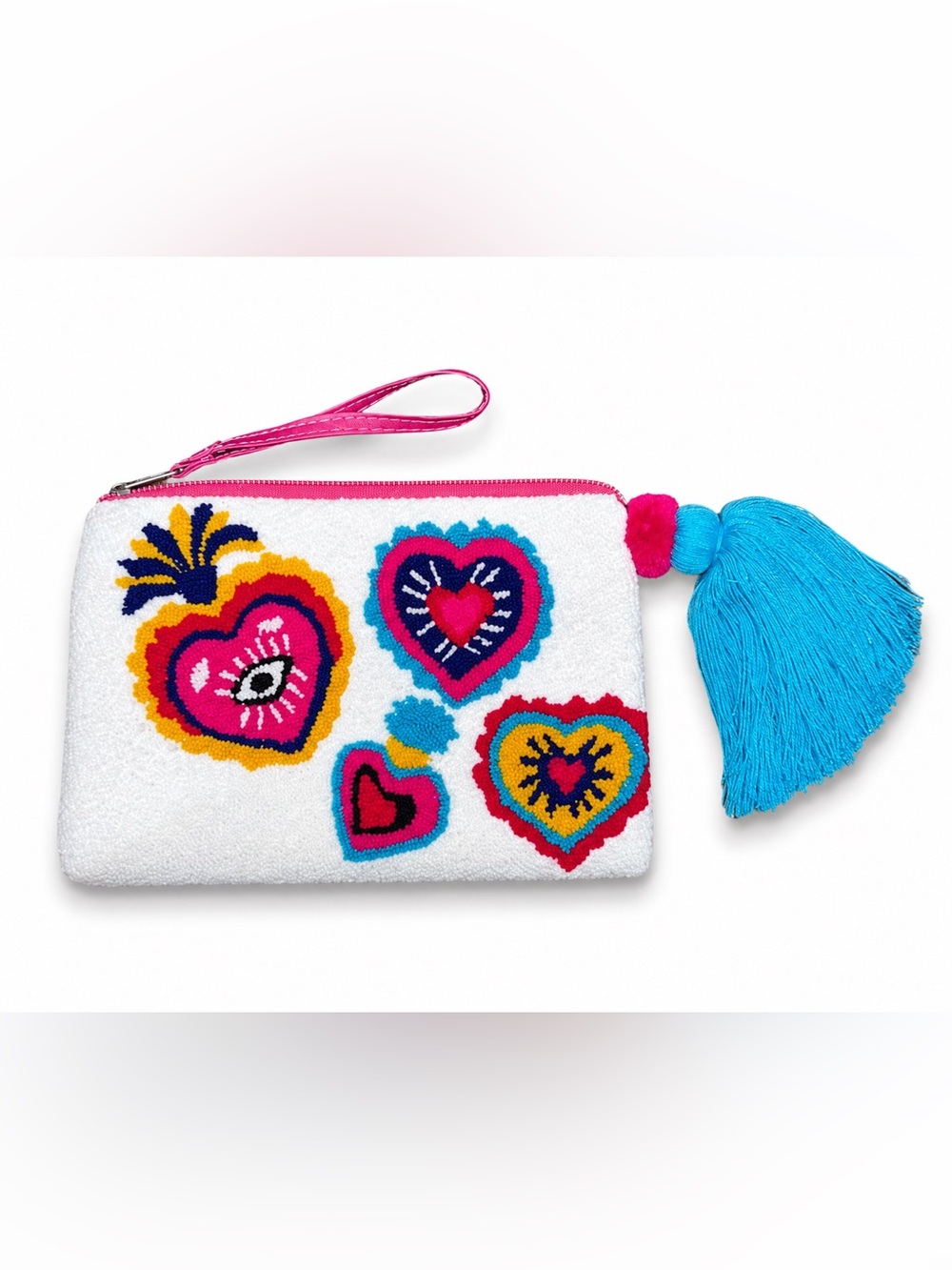 Handmade Colombian Wayuu Clutch | Colorful Heart Embroidered Pouch | Boho Wristl